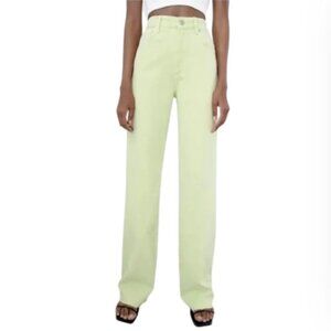 Zara High Rise Wide Leg Jeans Womens 2 Lime Green Raw Hem Denim Pants Boho